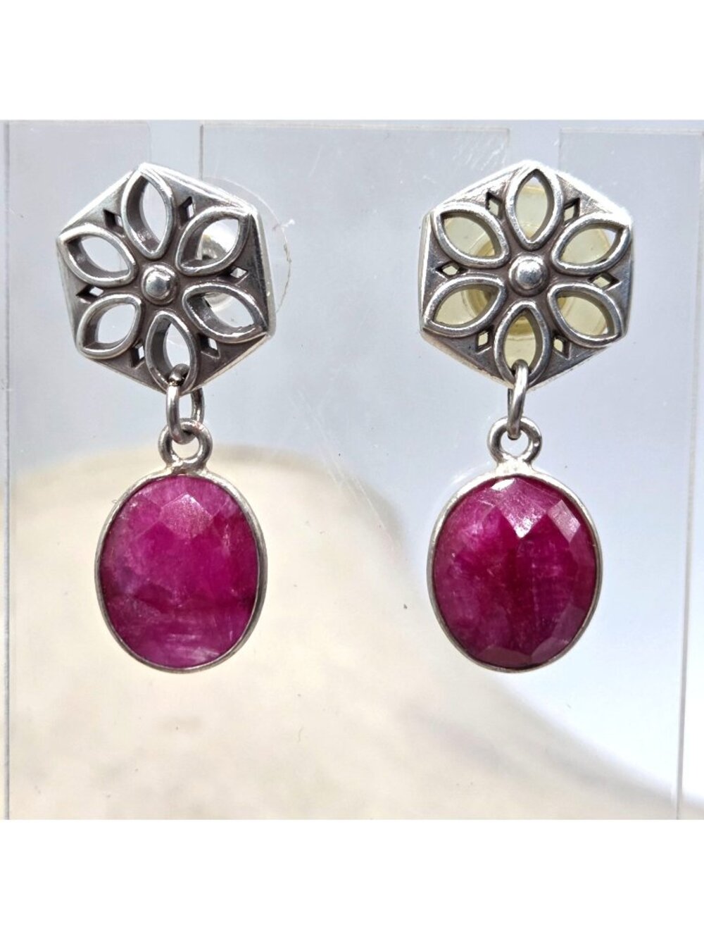 Hexagon Floral Silver Tone Earrings With Dark Pink Faceted Stone Dangles